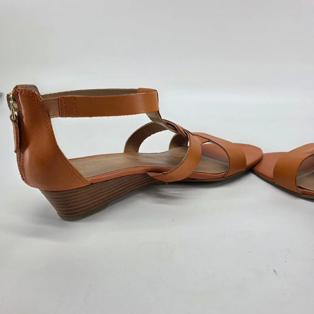 Franco Sarto Wedge Sandals Utility 7 M Cognac Tan Leather Low Heel Shoes Boho